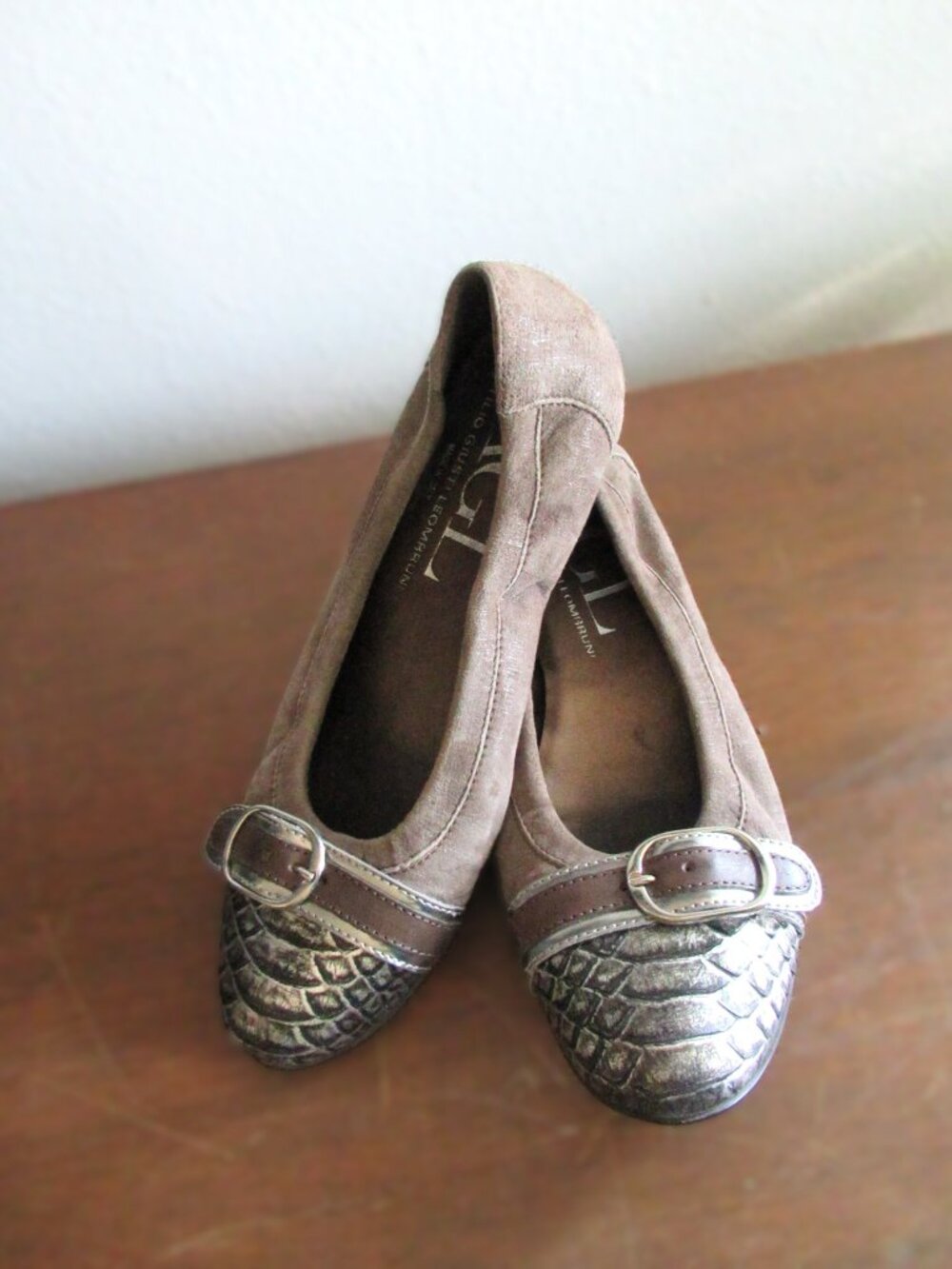 AGL Ballet Flats Metallic Suede Flats Brown Silver Buckle Size 37.5